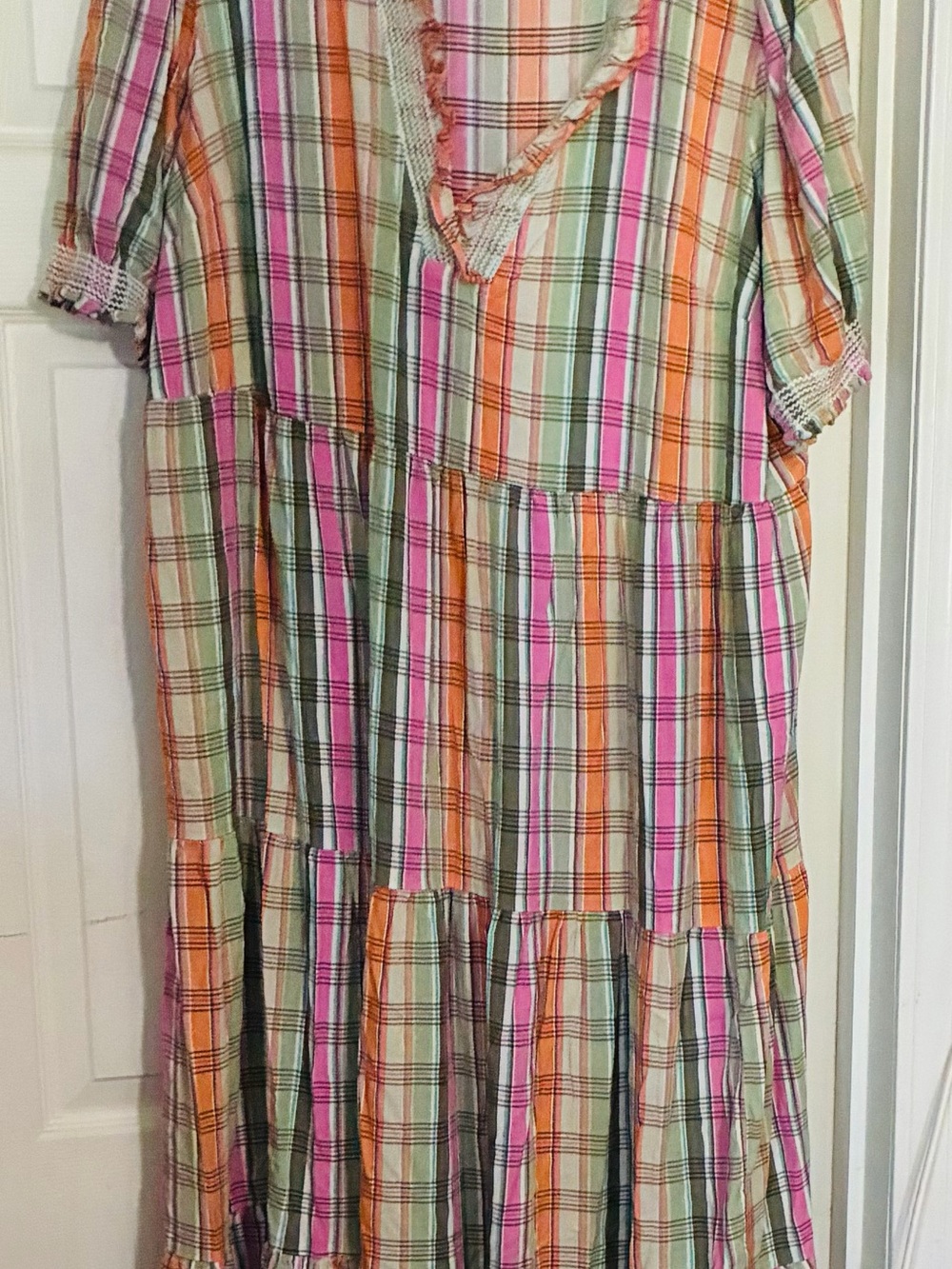 Crown Multicolor Plaid Tiered Dress in Pink, Orange & Green